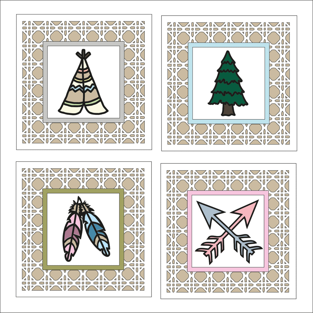 OL1832 - MDF set 4 rattan effect plaques - Tribal Doodle - Set 1 - Olifantjie - Wooden - MDF - Lasercut - Blank - Craft - Kit - Mixed Media - UK