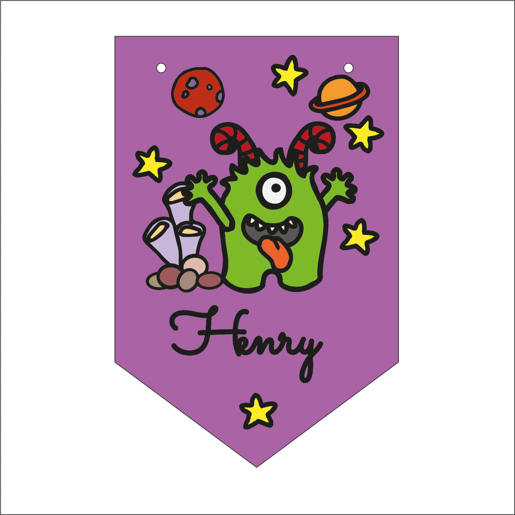 FG038 - MDF Themed Personalised Pennant Flag - Doodle Space Alien Monster - Style 1 - Olifantjie - Wooden - MDF - Lasercut - Blank - Craft - Kit - Mixed Media - UK