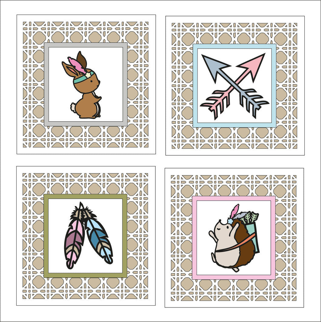 OL1833 - MDF set 4 rattan effect plaques - Tribal Doodle - Set 2 - Olifantjie - Wooden - MDF - Lasercut - Blank - Craft - Kit - Mixed Media - UK
