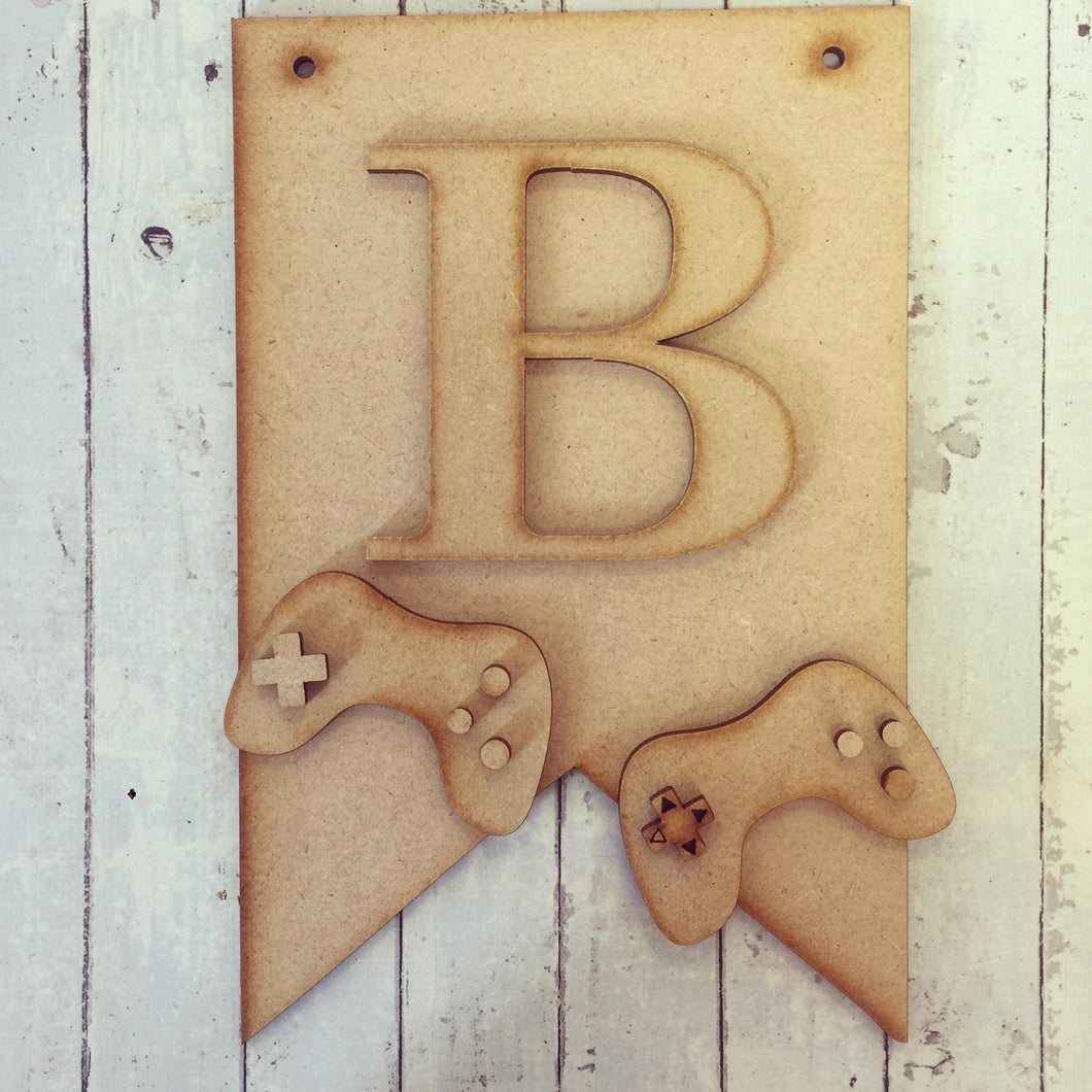 MDF Gamers / Gaming Hanging Flag with Initial - Olifantjie - Wooden - MDF - Lasercut - Blank - Craft - Kit - Mixed Media - UK