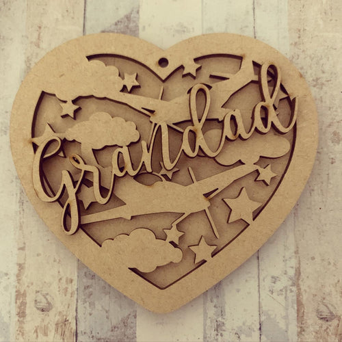 HB028 - MDF Hanging Heart -  Personalised Layered Theme - Spitfire Aeroplane - Olifantjie - Wooden - MDF - Lasercut - Blank - Craft - Kit - Mixed Media - UK