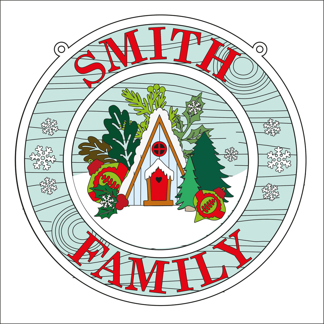 OL2563 - MDF Christmas Farmhouse Framed Circle Plaque - Your wording - Alpine House - Olifantjie - Wooden - MDF - Lasercut - Blank - Craft - Kit - Mixed Media - UK