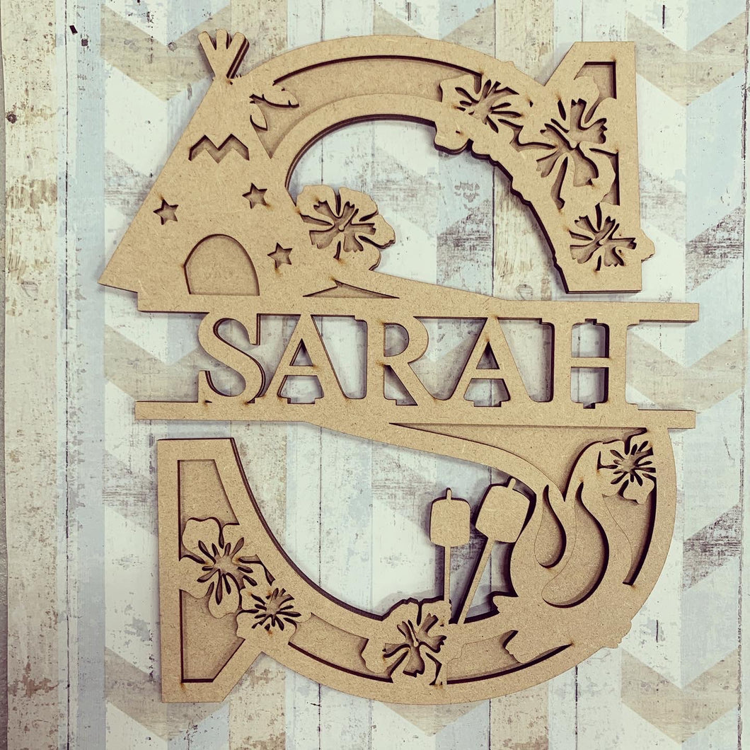 SL062 -  Teepee Themed Split Layered Personalised With Name Letter - Olifantjie - Wooden - MDF - Lasercut - Blank - Craft - Kit - Mixed Media - UK