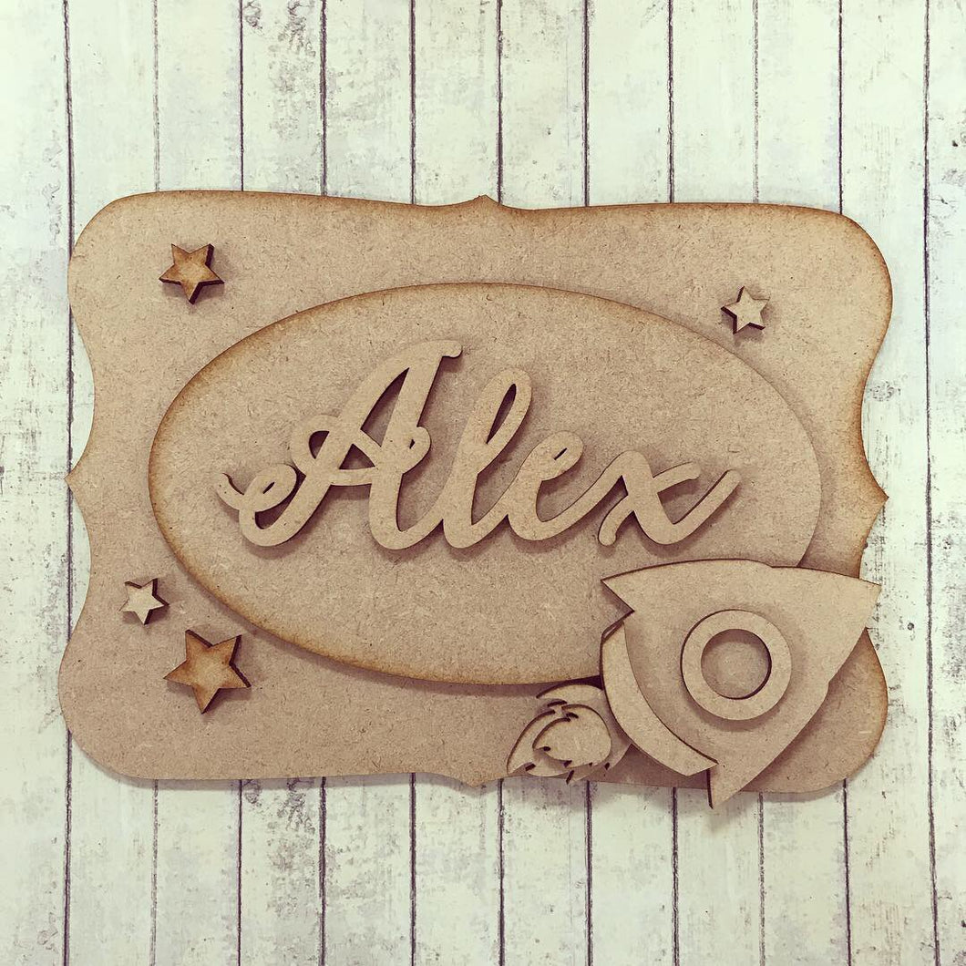 OP016 - MDF Space Rocket Themed Personalised Plaque - Olifantjie - Wooden - MDF - Lasercut - Blank - Craft - Kit - Mixed Media - UK