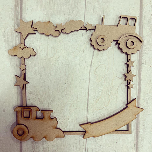 SW022 - MDF Tractor & Train Square Wreath - Olifantjie - Wooden - MDF - Lasercut - Blank - Craft - Kit - Mixed Media - UK