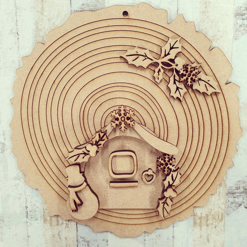SFD006 - MDF Snowman Holly Fairy Door -  Wood Slice with Hanging Option - Olifantjie - Wooden - MDF - Lasercut - Blank - Craft - Kit - Mixed Media - UK