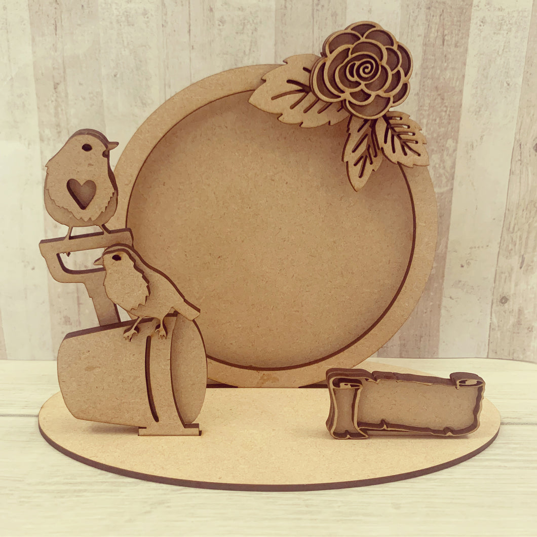 CF049 - MDF Robin Themed Freestanding Circular Photo Frame - Olifantjie - Wooden - MDF - Lasercut - Blank - Craft - Kit - Mixed Media - UK