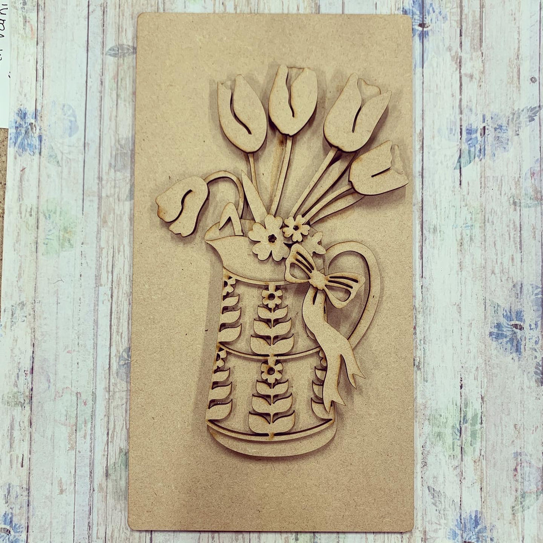 HC094 - MDF Layered Tulip Jug Scene Plaque - Olifantjie - Wooden - MDF - Lasercut - Blank - Craft - Kit - Mixed Media - UK
