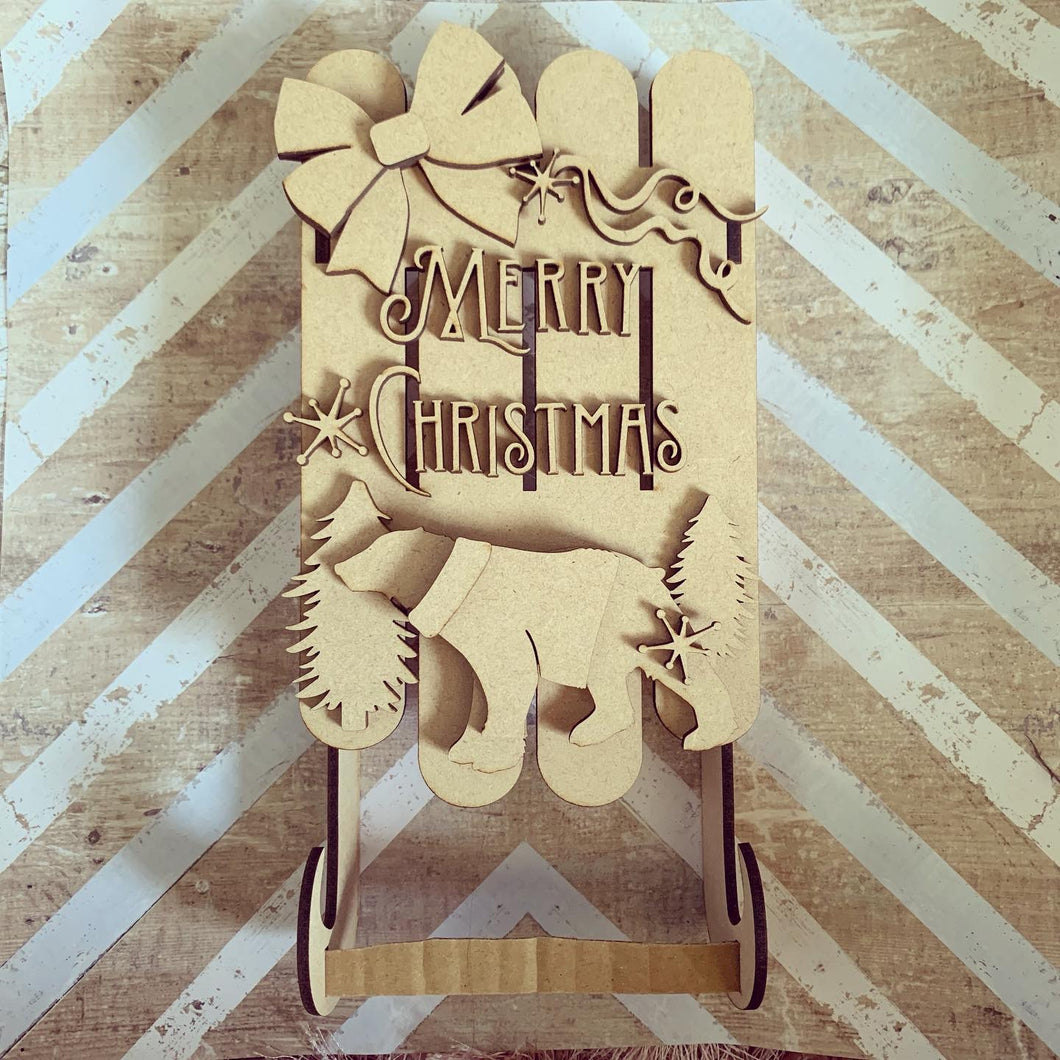 CH424 - MDF Large 25cm 3d Sleigh - Polar Bear - Olifantjie - Wooden - MDF - Lasercut - Blank - Craft - Kit - Mixed Media - UK