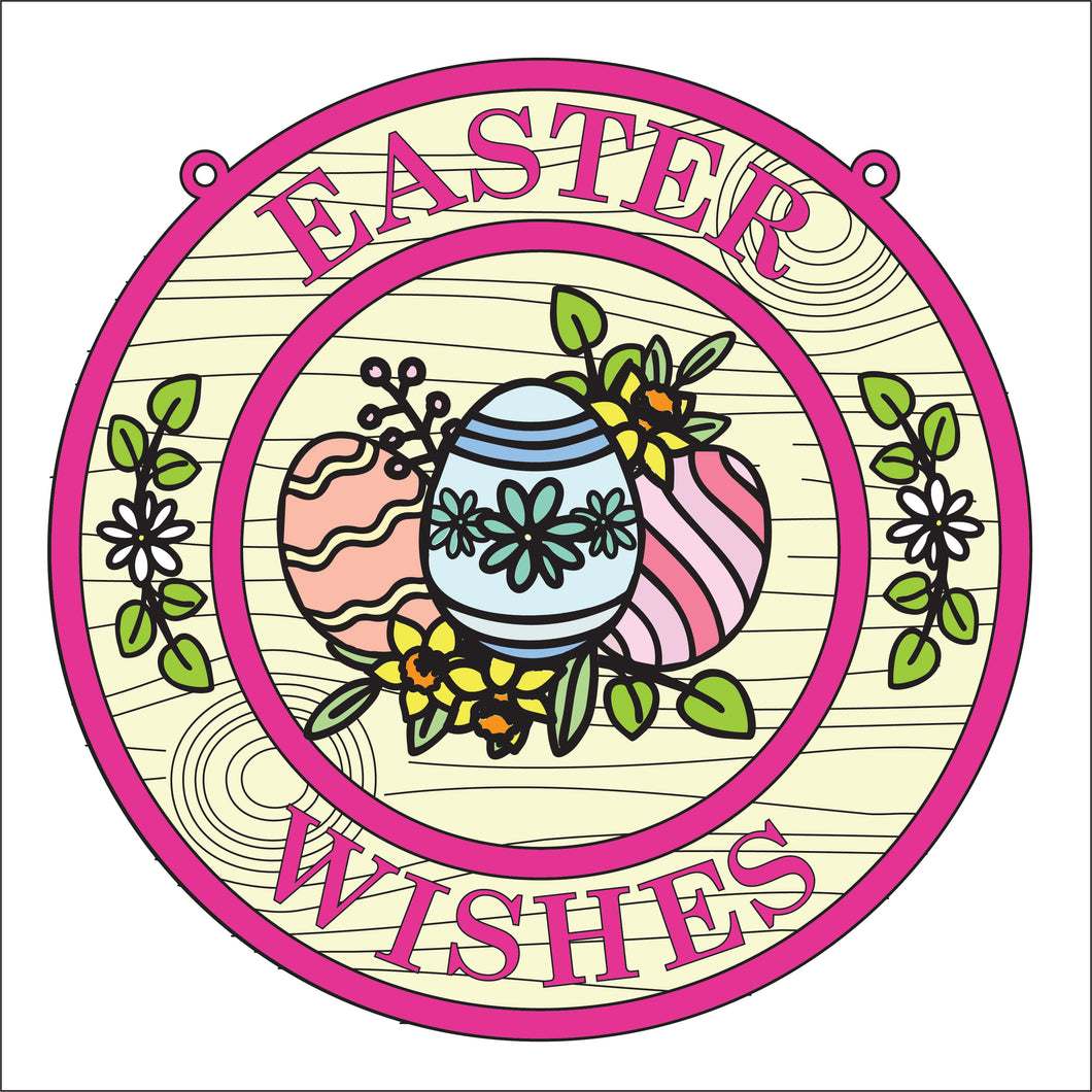 OL2797 - MDF Easter Doodles Farmhouse Framed Circle Plaque - Your wording - Easter Eggs - Olifantjie - Wooden - MDF - Lasercut - Blank - Craft - Kit - Mixed Media - UK