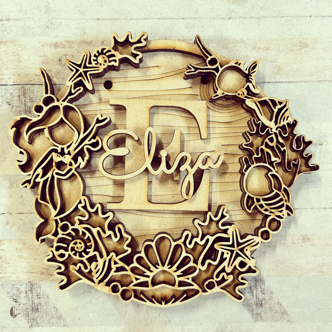OL3024 - MDF Mermaid doodle Small Personalised Wreath Plaque - Olifantjie - Wooden - MDF - Lasercut - Blank - Craft - Kit - Mixed Media - UK