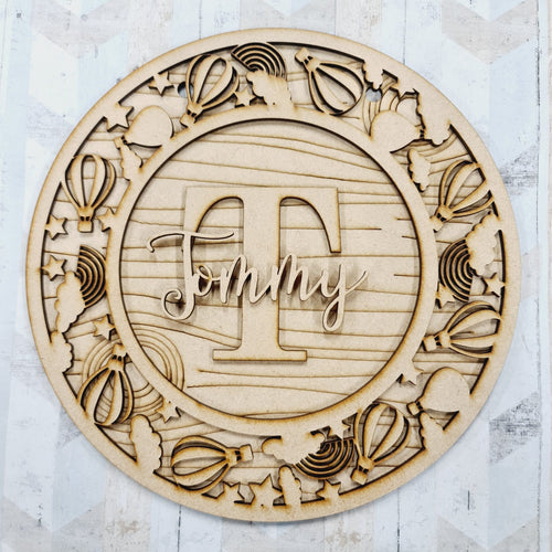 OL943 -MDF Personalised Circle Plaque Frame - Hotair balloon and Rainbow - Olifantjie - Wooden - MDF - Lasercut - Blank - Craft - Kit - Mixed Media - UK