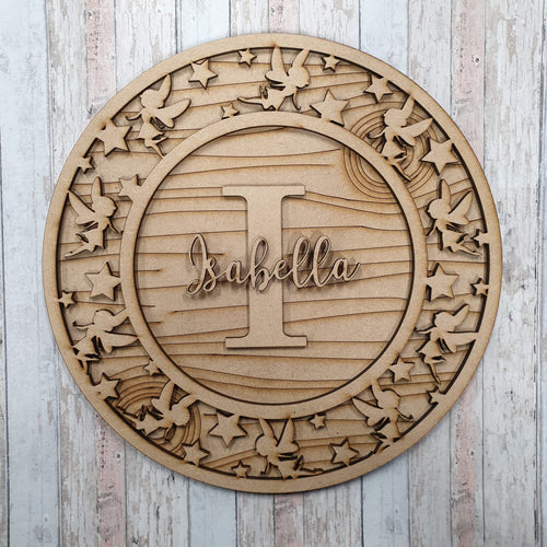 OL468 -MDF Personalised Circle Plaque Frame - Fairy Theme - Olifantjie - Wooden - MDF - Lasercut - Blank - Craft - Kit - Mixed Media - UK