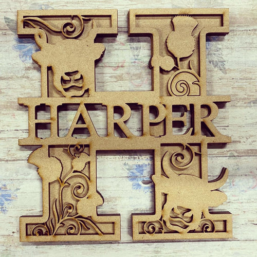 SL032 - Highland Cow Thistle Themed Split Layered Personalised Letter - Olifantjie - Wooden - MDF - Lasercut - Blank - Craft - Kit - Mixed Media - UK
