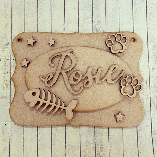 OP049 - MDF Fish Bone Cat Themed Personalised Plaque - Olifantjie - Wooden - MDF - Lasercut - Blank - Craft - Kit - Mixed Media - UK