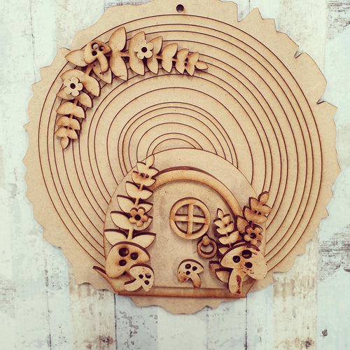 SFD004 - MDF Magical Mushroom Fairy Door -Wood Slice with Hanging Option - Olifantjie - Wooden - MDF - Lasercut - Blank - Craft - Kit - Mixed Media - UK