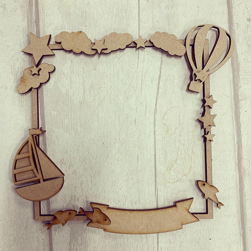 SW023 - MDF Sailboat & Hot Air Balloon Square Wreath - Olifantjie - Wooden - MDF - Lasercut - Blank - Craft - Kit - Mixed Media - UK