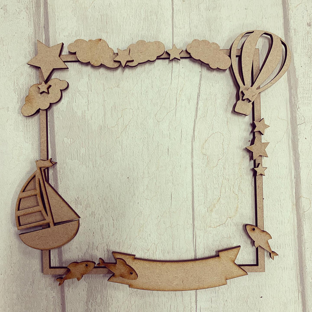 SW023 - MDF Sailboat & Hot Air Balloon Square Wreath - Olifantjie - Wooden - MDF - Lasercut - Blank - Craft - Kit - Mixed Media - UK