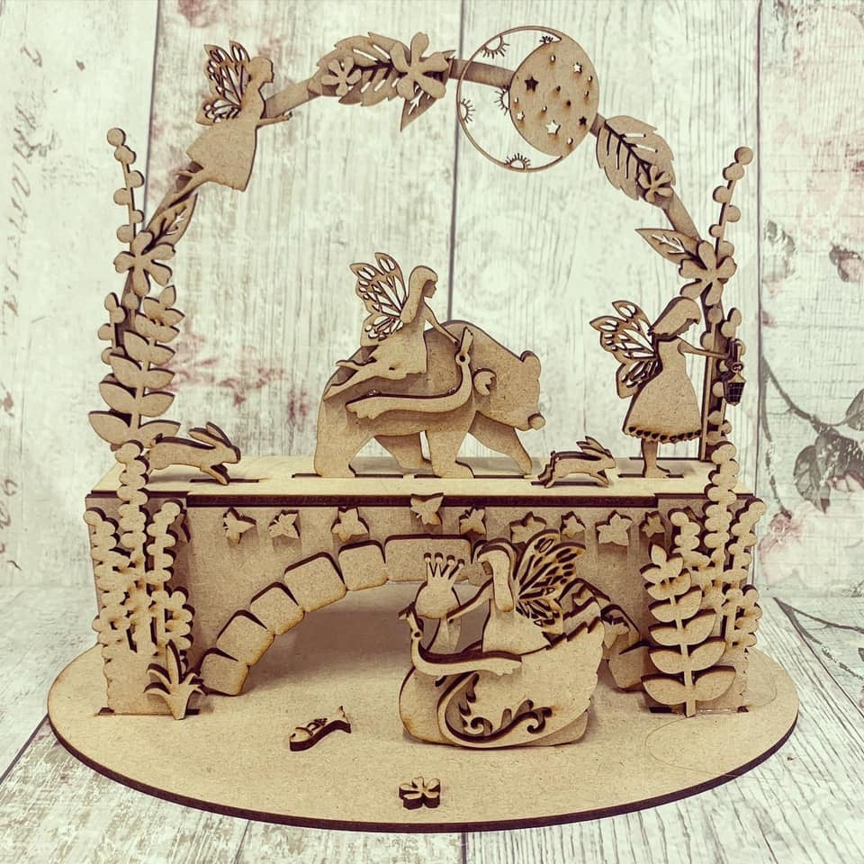 HC090 - MDF 3d Bear, Bridge Fairy Scene - Olifantjie - Wooden - MDF - Lasercut - Blank - Craft - Kit - Mixed Media - UK