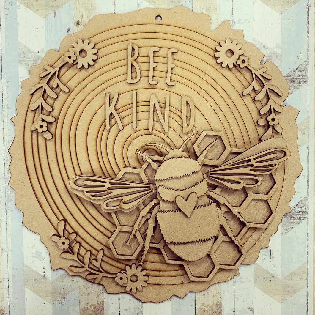 HC095 - MDF Layered ‘Bee Kind’ Plaque - Olifantjie - Wooden - MDF - Lasercut - Blank - Craft - Kit - Mixed Media - UK