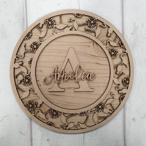 OL557 - MDF Personalised Circle Plaque Frame - Flamingo Theme - Olifantjie - Wooden - MDF - Lasercut - Blank - Craft - Kit - Mixed Media - UK