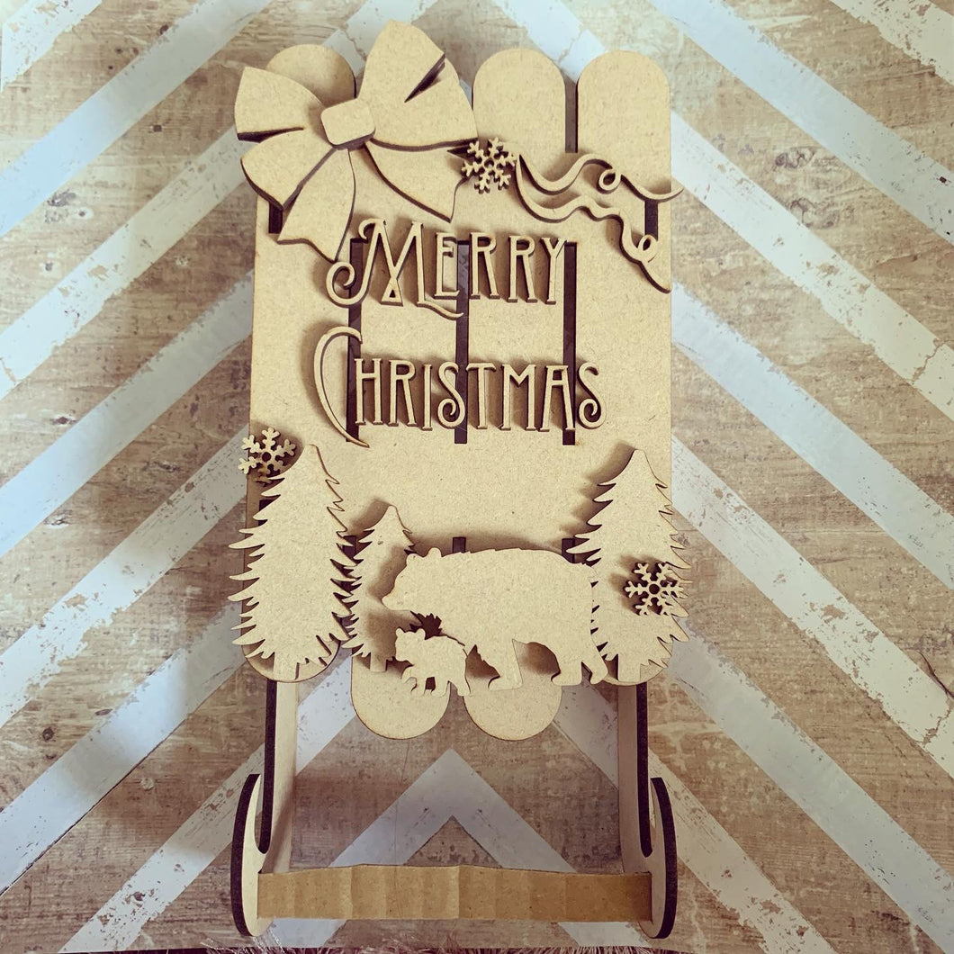 CH423 - MDF Large 25cm 3d Sleigh - Bears - Olifantjie - Wooden - MDF - Lasercut - Blank - Craft - Kit - Mixed Media - UK