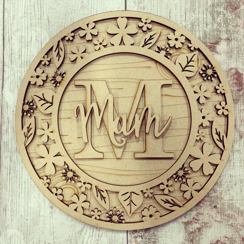 OL486 - MDF Personalised Circle Plaque Frame - Flower Theme - Olifantjie - Wooden - MDF - Lasercut - Blank - Craft - Kit - Mixed Media - UK