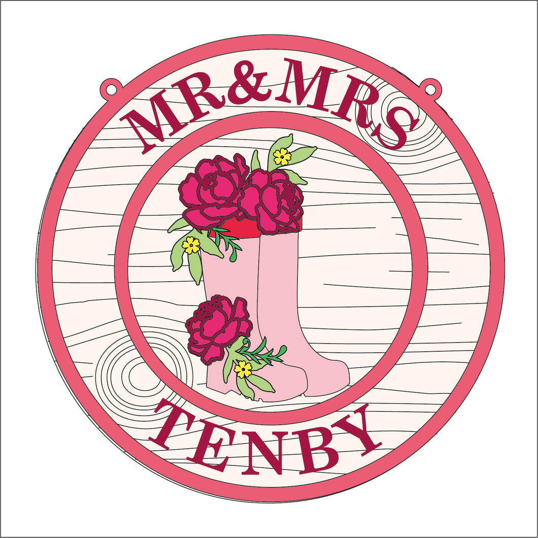 OL1649 - MDF Floral Wellies Circle ‘your own wording ’ Plaque - Peony Flowers - Olifantjie - Wooden - MDF - Lasercut - Blank - Craft - Kit - Mixed Media - UK