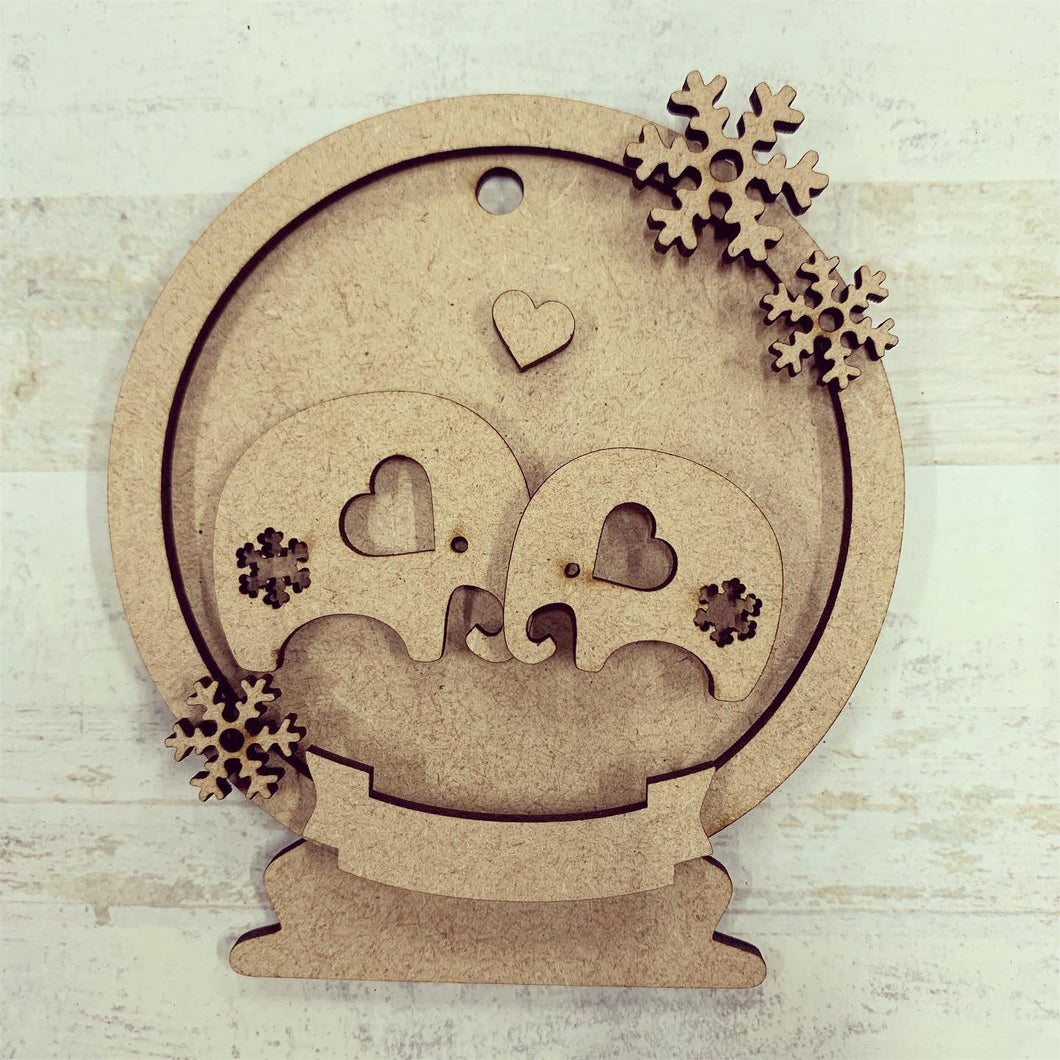 CH117 - Elephants Christmas Bauble Snow Globe - Olifantjie - Wooden - MDF - Lasercut - Blank - Craft - Kit - Mixed Media - UK