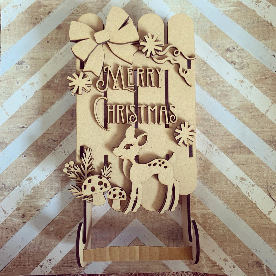 CH422 - MDF Large 25cm 3d Sleigh - Kitsch Retro Deer - Olifantjie - Wooden - MDF - Lasercut - Blank - Craft - Kit - Mixed Media - UK