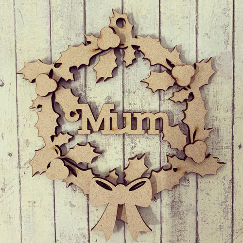 HI013 - MDF Personalised Hanging Circle Name  10cm - Holly & Berry Wreath - Olifantjie - Wooden - MDF - Lasercut - Blank - Craft - Kit - Mixed Media - UK