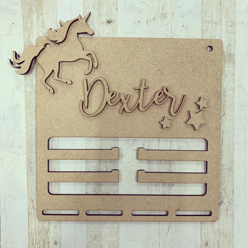 BH013 - MDF Unicorn Themed Medal / Bow Holder Personalised & Choice of Shape - Olifantjie - Wooden - MDF - Lasercut - Blank - Craft - Kit - Mixed Media - UK
