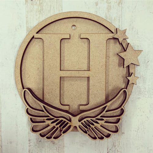 HI005 - MDF personalised hanging circle initial 10cm - wings - Olifantjie - Wooden - MDF - Lasercut - Blank - Craft - Kit - Mixed Media - UK