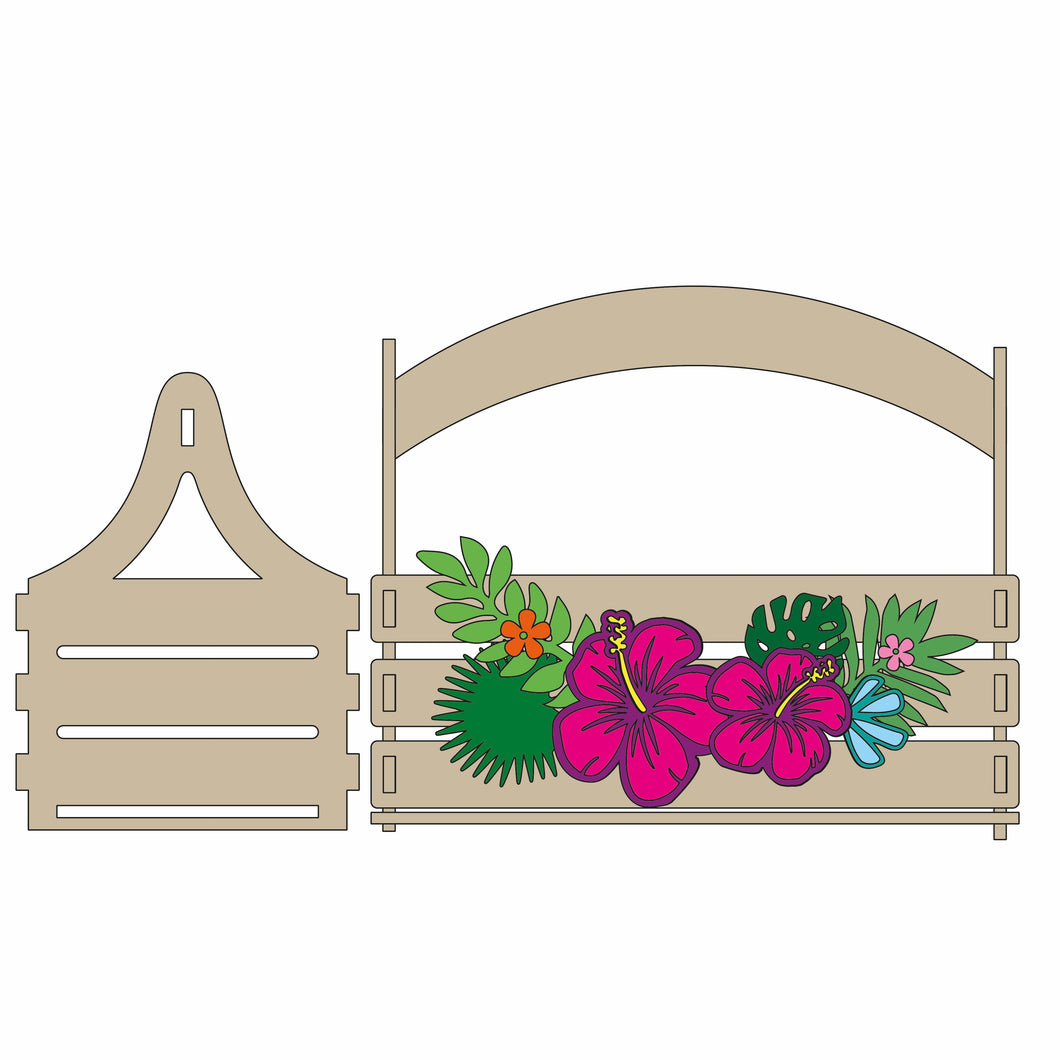 BK008 - MDF Slatted Basket - Tropical Hibiscus Theme - Olifantjie - Wooden - MDF - Lasercut - Blank - Craft - Kit - Mixed Media - UK