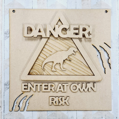 Ol928 - MDF Dinosaur hanging Plaque ‘danger enter at own risk’ - Olifantjie - Wooden - MDF - Lasercut - Blank - Craft - Kit - Mixed Media - UK