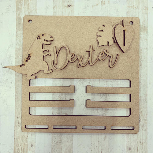 BH017 - MDF Dinosaur Themed - Medal / Bow Holder - Personalised & Choice of Shape - Olifantjie - Wooden - MDF - Lasercut - Blank - Craft - Kit - Mixed Media - UK