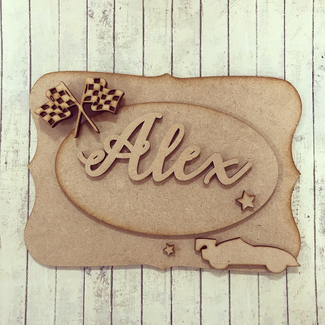 OP012 - MDF Racing Car Themed Personalised Plaque - Olifantjie - Wooden - MDF - Lasercut - Blank - Craft - Kit - Mixed Media - UK