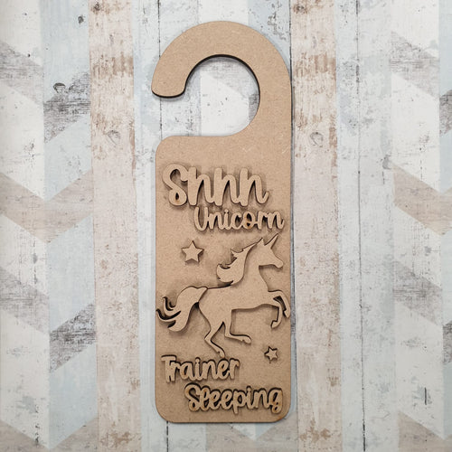 DH008 - Door Hanger - Shhh unicorn trainer sleeping theme - Olifantjie - Wooden - MDF - Lasercut - Blank - Craft - Kit - Mixed Media - UK