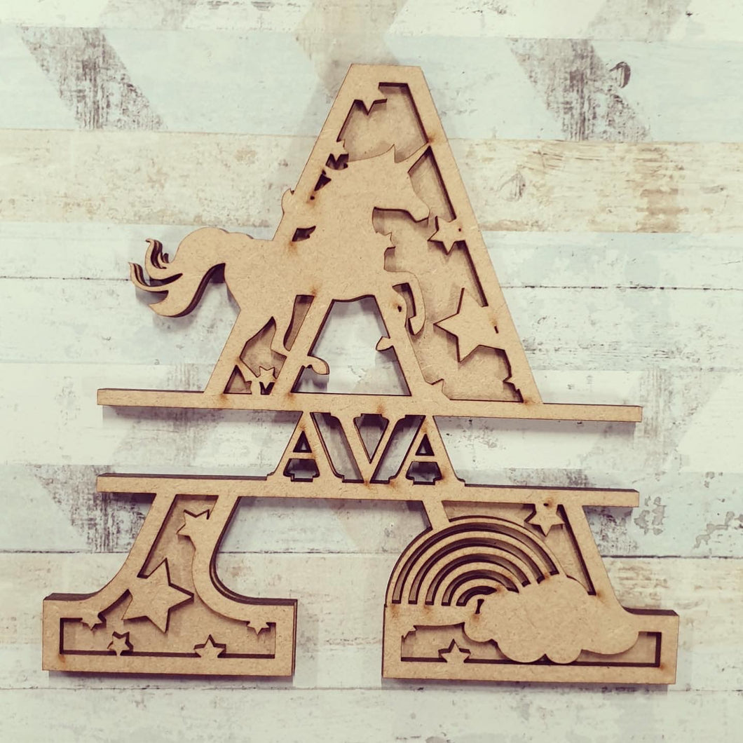 SL064 - Unicorn and Rainbow Themed Split Layered Personalised With Name Letter - Olifantjie - Wooden - MDF - Lasercut - Blank - Craft - Kit - Mixed Media - UK