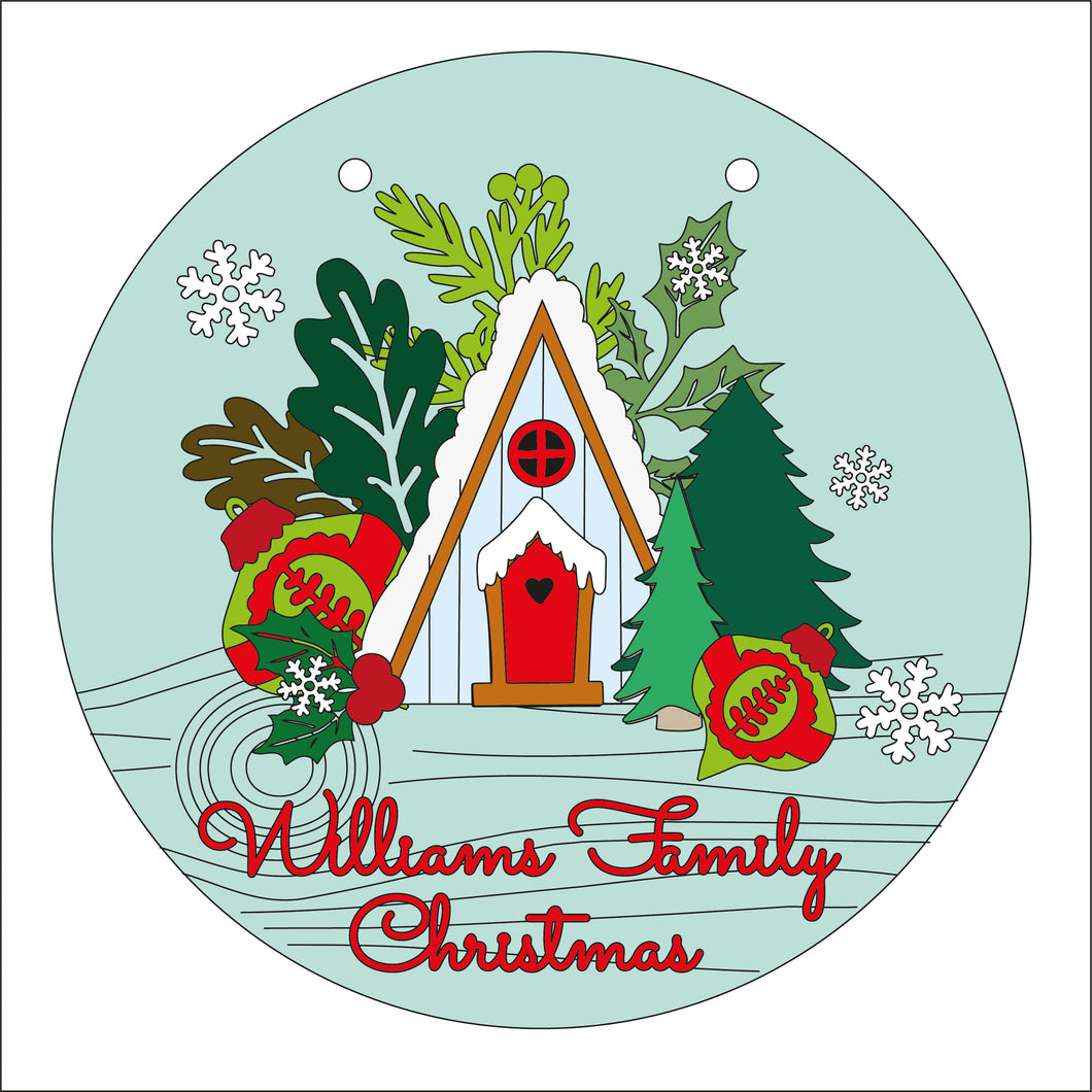 OL2559 - MDF Christmas Farmhouse Circle Plaque - Your wording - Alpine House - Olifantjie - Wooden - MDF - Lasercut - Blank - Craft - Kit - Mixed Media - UK