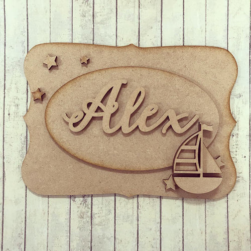 OP001 - MDF Sailboat personalised plaque - Olifantjie - Wooden - MDF - Lasercut - Blank - Craft - Kit - Mixed Media - UK