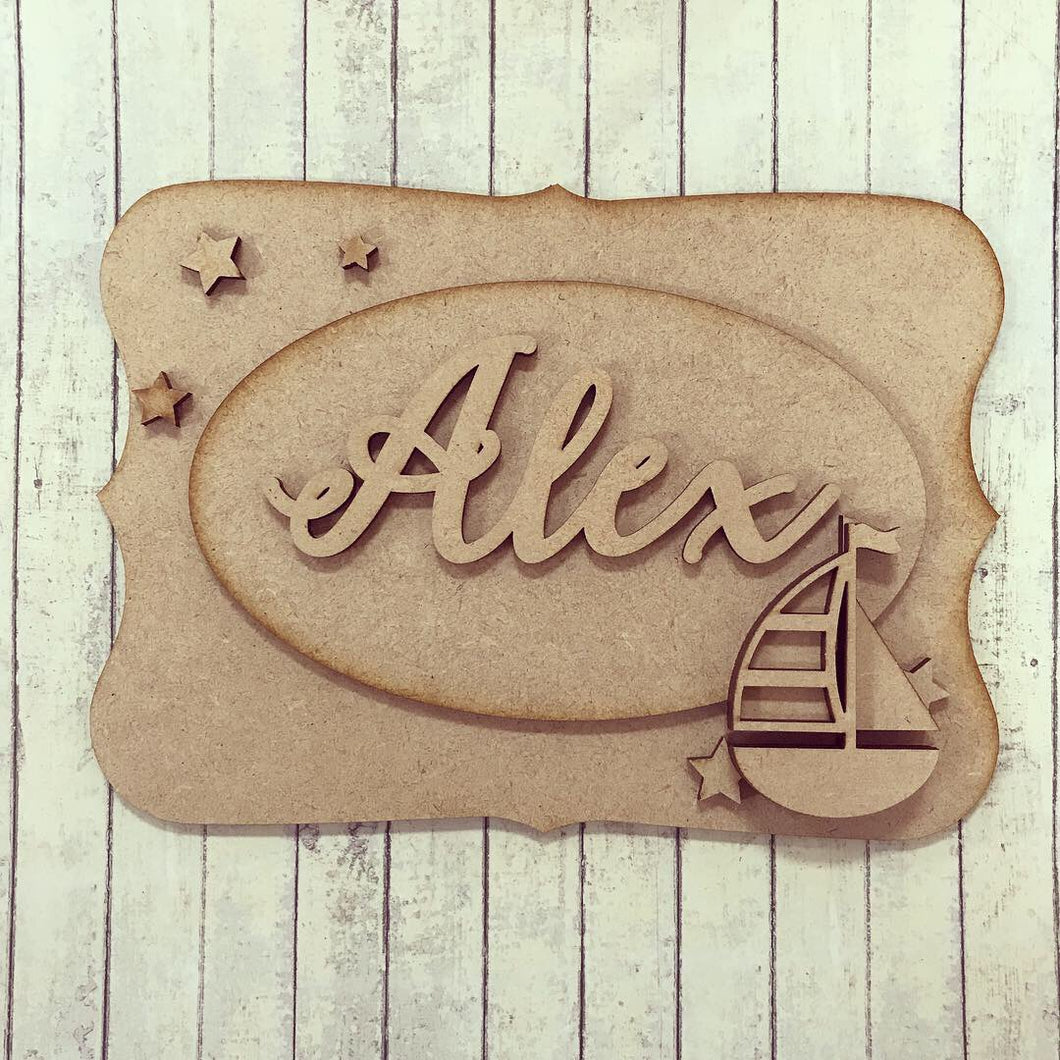 OP001 - MDF Sailboat personalised plaque - Olifantjie - Wooden - MDF - Lasercut - Blank - Craft - Kit - Mixed Media - UK