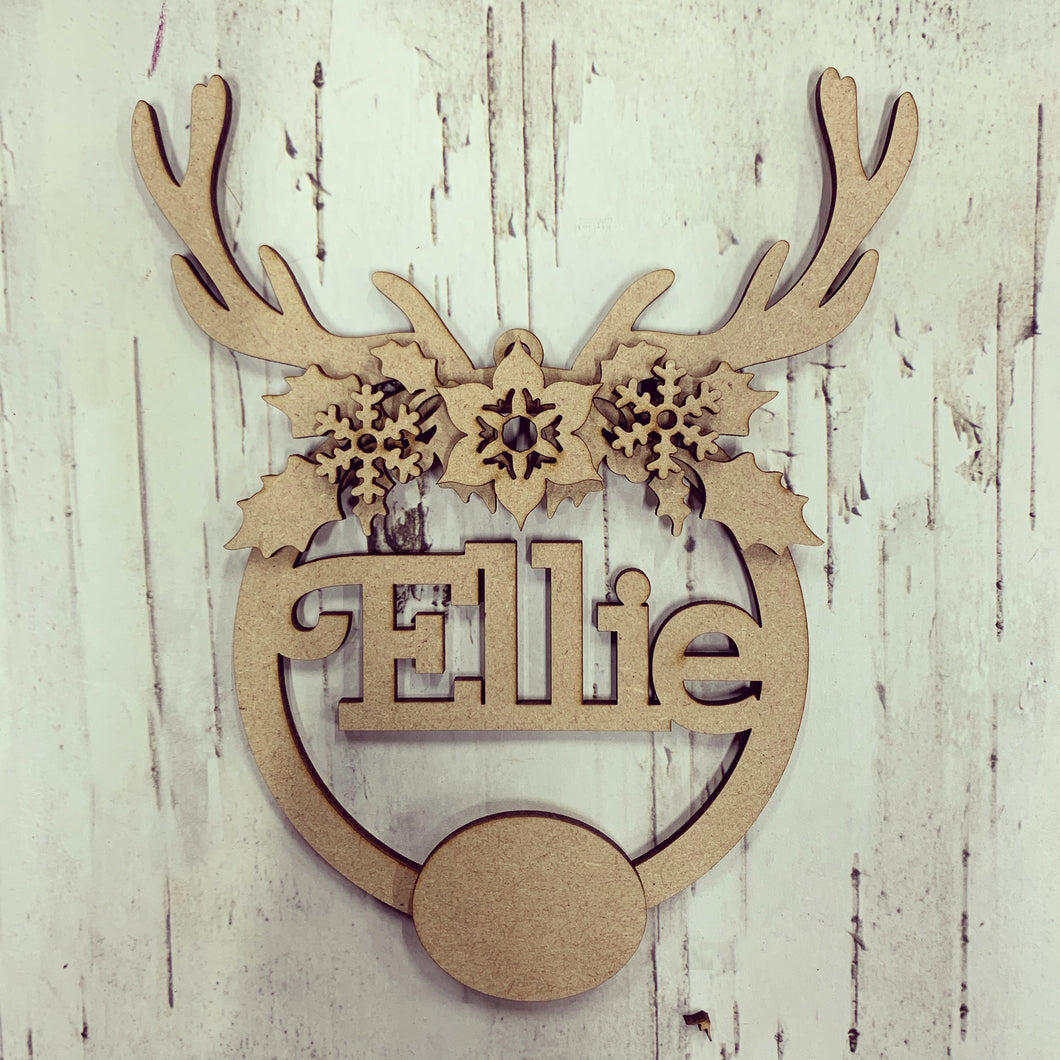 CH172 - MDF Personalised Reindeer Horn Bauble/Hanging - Olifantjie - Wooden - MDF - Lasercut - Blank - Craft - Kit - Mixed Media - UK