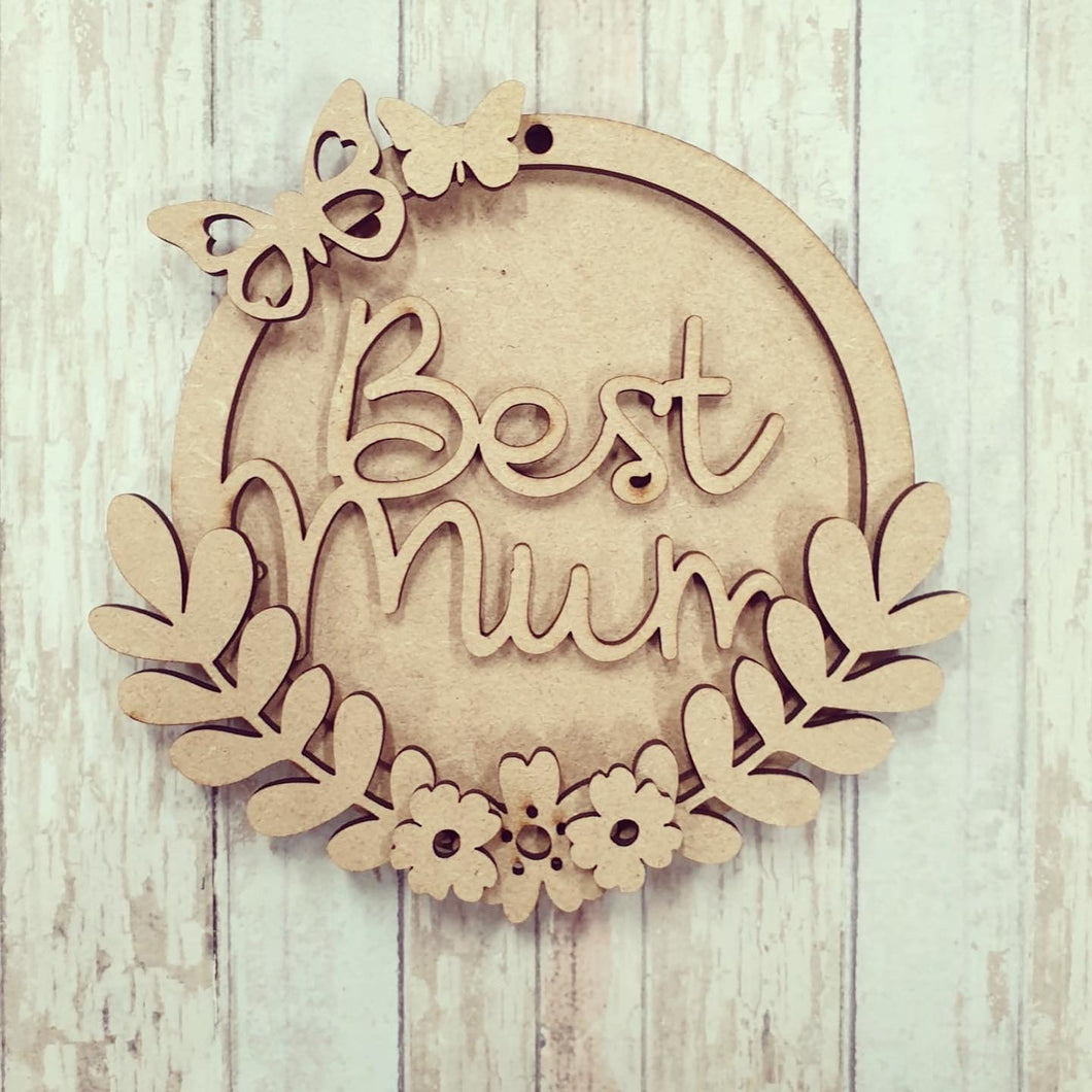 OL459 - MDF Hanging Circle - Floral Butterfly Themed with Choice of Wording - 2 Fonts - Olifantjie - Wooden - MDF - Lasercut - Blank - Craft - Kit - Mixed Media - UK