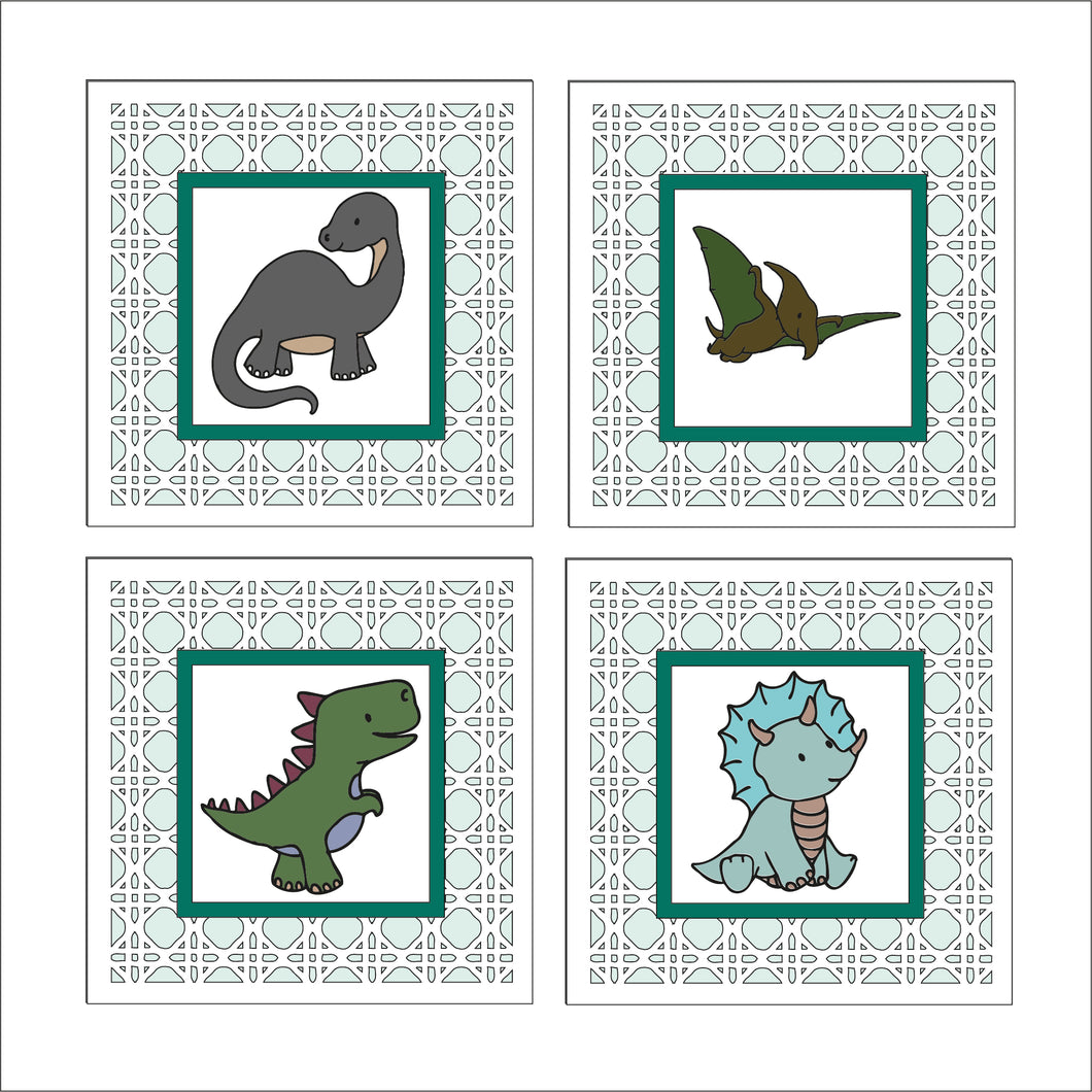 Ol1536 - MDF Rattan effect square plaque Doodle Dinosaur theme - Style 4 - Olifantjie - Wooden - MDF - Lasercut - Blank - Craft - Kit - Mixed Media - UK