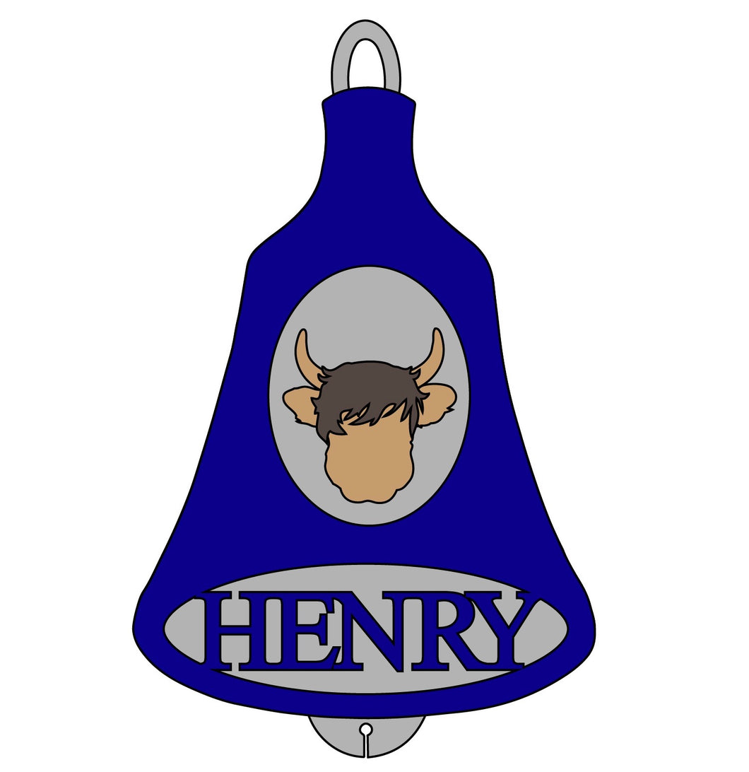 CH383 - MDF Personalised Christmas Bell Bauble - Highland Cow - Olifantjie - Wooden - MDF - Lasercut - Blank - Craft - Kit - Mixed Media - UK