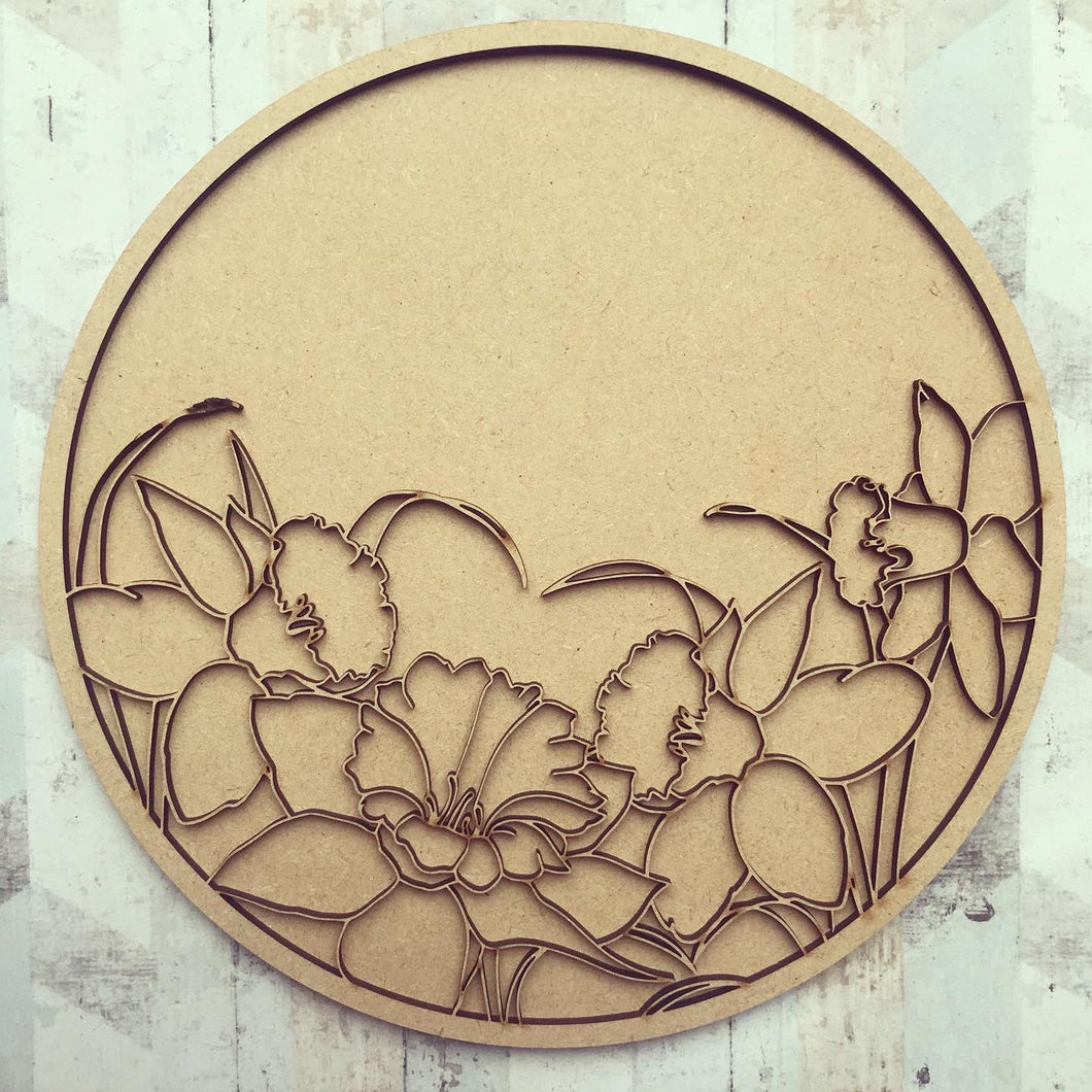 OL1018 - MDF Personalised Circle Plaque - Daffodil Theme - Olifantjie - Wooden - MDF - Lasercut - Blank - Craft - Kit - Mixed Media - UK