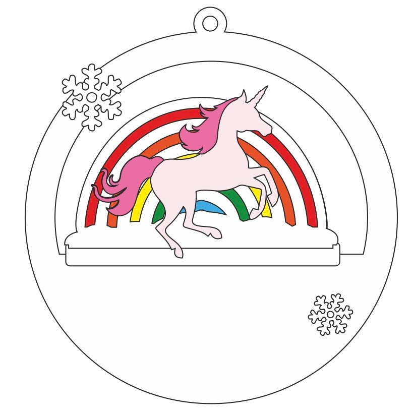 CH396 - MDF Christmas 3D layered bauble -  Rainbow Unicorn - Olifantjie - Wooden - MDF - Lasercut - Blank - Craft - Kit - Mixed Media - UK