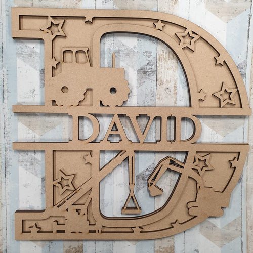 SL065 -  Crane and Construction Themed Split Layered Personalised With Name Letter - Olifantjie - Wooden - MDF - Lasercut - Blank - Craft - Kit - Mixed Media - UK