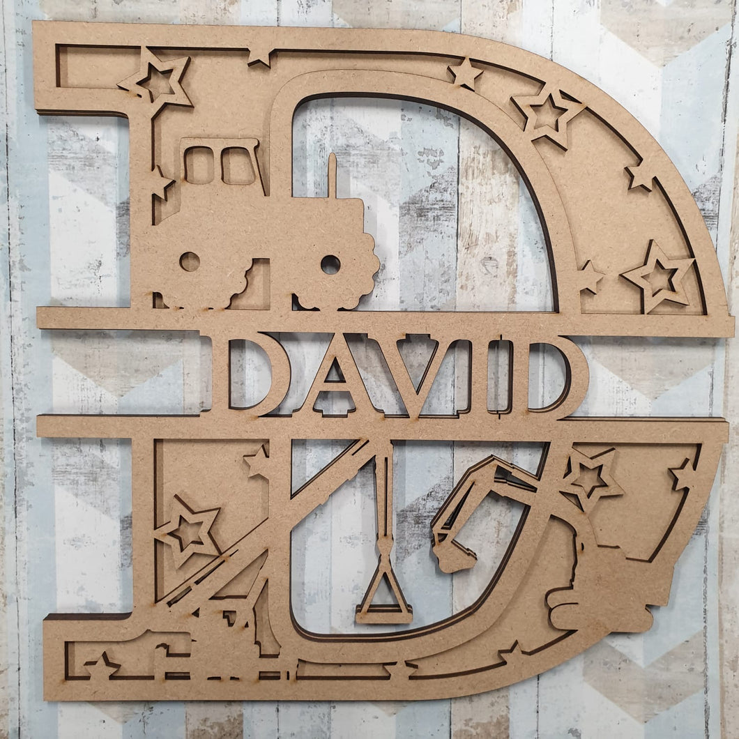 SL065 - Crane and Construction Themed Split Layered Personalised With Name Letter - Olifantjie - Wooden - MDF - Lasercut - Blank - Craft - Kit - Mixed Media - UK